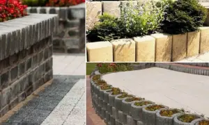 Różne rodzaje murków oporowych w ogrodzie: z cegły, betonowych bloków i okrągłych elementów z miejscem na rośliny.