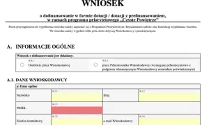 Wniosek o dofinansowanie w ramach programu "Czyste Powietrze". Formularz zawiera sekcje "Informacje ogólne" i "Dane wnioskodawcy", gdzie wpisuje się nazwisko, PESEL i dane kontaktowe.