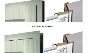 Porównanie ościeżnicy stałej i regulowanej. Widok detalu drzwi i ich montażu.