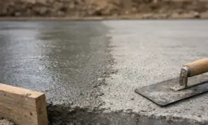 Świeżo wylany, półsuchy beton na budowie. Narzędzia budowlane, kielnia i drewniany krawężnik, leżą obok.