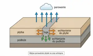 Ilustracja pokazuje, czy fuga ceramiczna przepuszcza wodę. Strzałki wskazują wchłanianie wody przez płytki i podłoże.
