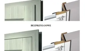 Porównanie drzwi przylgowych i bezprzylgowych. Widok detalu ościeżnicy i skrzydła drzwiowego.