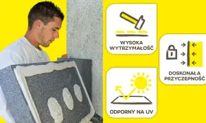 Budowlaniec nakłada pianę, która jest idealnym klejem do styropianu. Wysoka wytrzymałość i przyczepność. Odporny na UV.