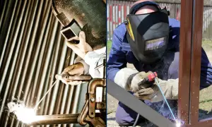 Spawanie elektrodą dla początkujących: dwie sceny, jedna z pracownikiem w masce spawalniczej, druga z mężczyzną w niebieskim kombinezonie, który spawa metal.