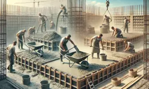 Budowlańcy pracują przy wylewaniu betonu. Czas schniecia betonu zależy od wielu czynników, ale tu widać intensywną pracę.