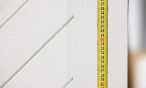 Miarka pokazuje 30 cm. Sprawdzamy, jaki otwór pod drzwi 80 cm będzie odpowiedni.