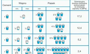 Tabela pokazuje objętościowe proporcje zaprawy murarskiej: cement, wapno, piasek. Różne proporcje dają różną wytrzymałość zaprawy.