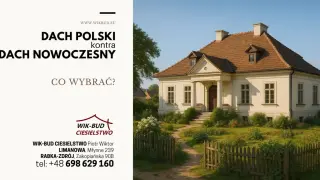 Elegancki dom z tradycyjnym, brązowym dachem. Reklama pyta: "Dach polski kontra dach nowoczesny?".