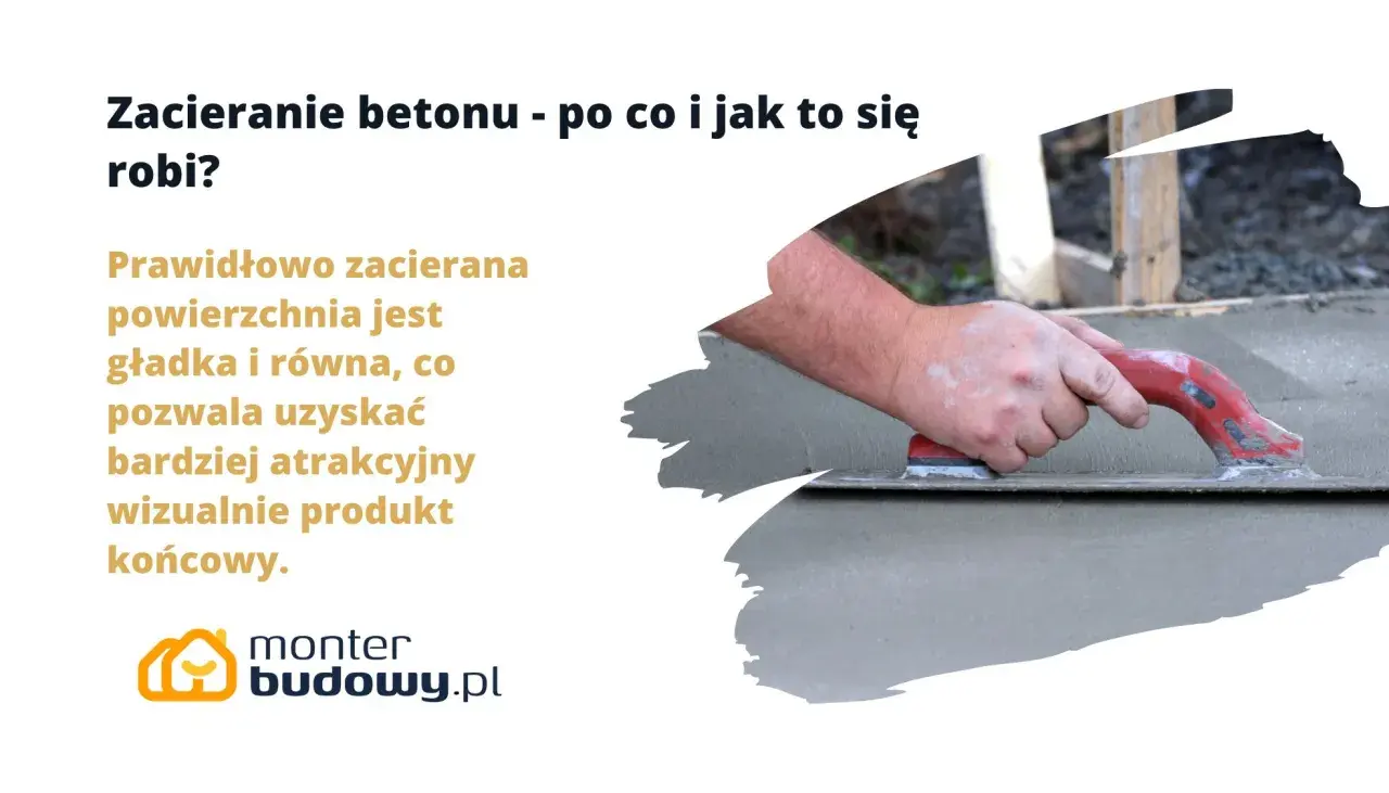 Dłoń z czerwoną pacą wygładza świeży beton, tworząc gładką powierzchnię.