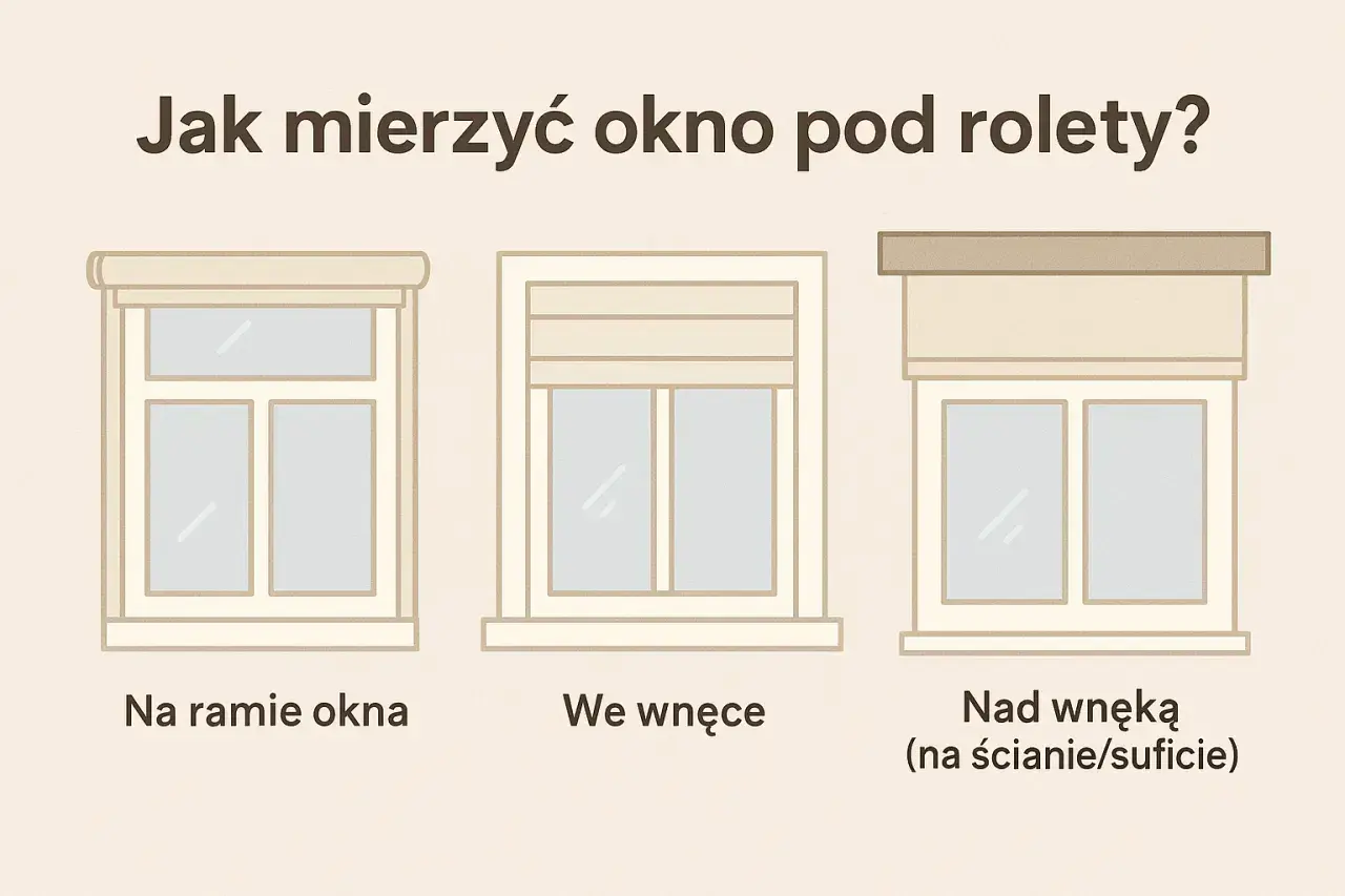 Jak zmierzyć okno na roletę? Ilustracja pokazuje trzy sposoby montażu rolet: na ramie okna, we wnęce i nad wnęką.