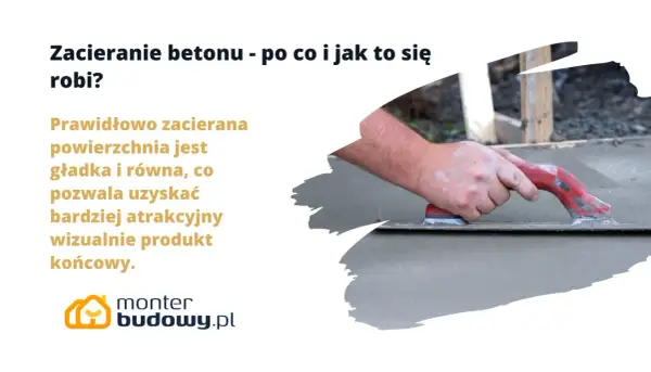 Dłoń z czerwoną pacą wygładza świeży beton, tworząc gładką powierzchnię.