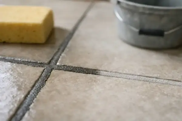 Gąbka i wiaderko obok świeżo położonej fugi. Czekamy, aż fuga schnie, by móc dokończyć prace.