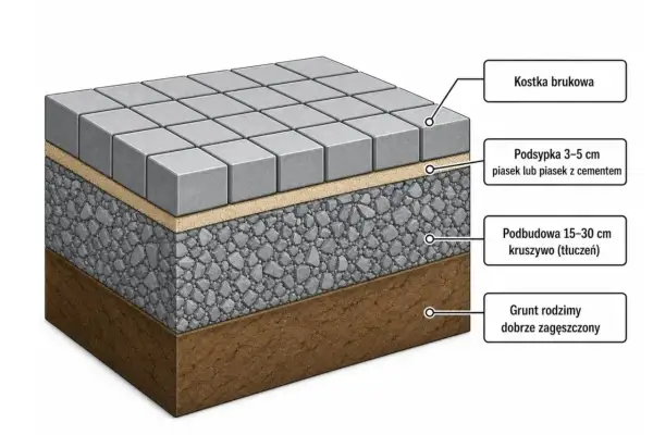 Warstwy podbudowy pod kostkę brukową: kruszywo, piasek i zagęszczony grunt rodzimy.