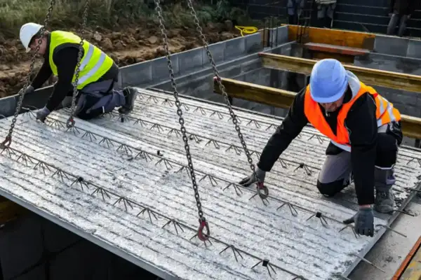 Dwóch budowlańców przygotowuje strop filigran do montażu.
