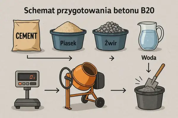 Schemat przygotowania betonu B20: cement, piasek, żwir i woda są ważone i mieszane w betoniarce.