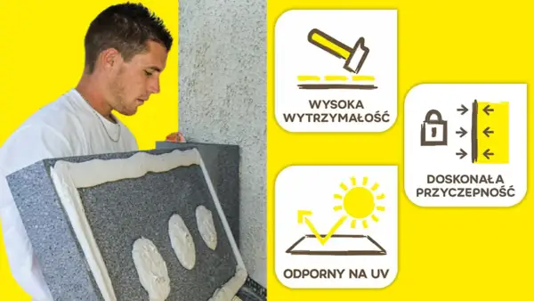 Budowlaniec nakłada pianę, która jest idealnym klejem do styropianu. Wysoka wytrzymałość i przyczepność. Odporny na UV.