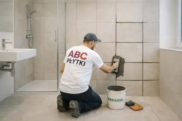 Mężczyzna klęczy i pokazuje, jak kłaść fugę na płytkach w łazience. Używa kielni do rozprowadzania masy.