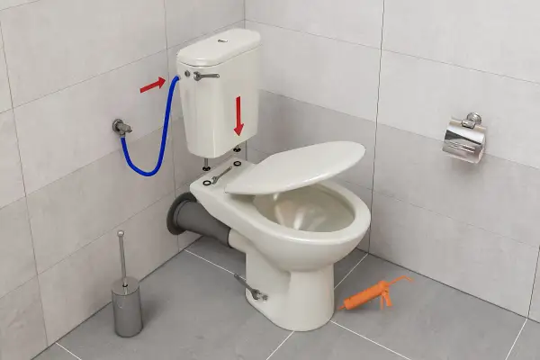 Montaż toalety z odpływem WC w podłodze. Widać wąż doprowadzający wodę, klucze i pistolet do silikonu.