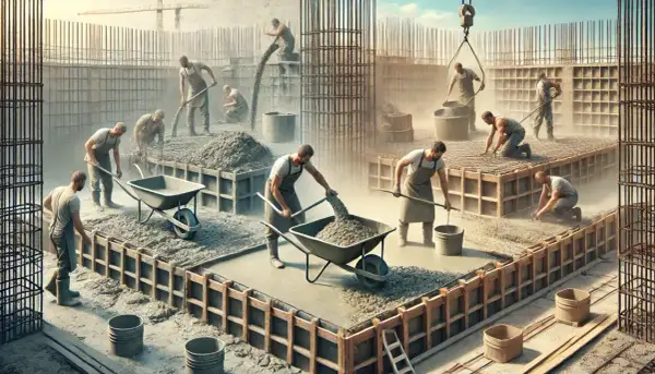 Budowlańcy pracują przy wylewaniu betonu. Czas schniecia betonu zależy od wielu czynników, ale tu widać intensywną pracę.