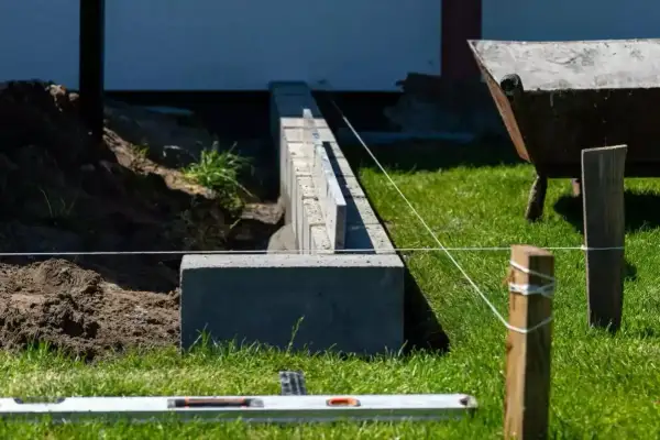 Budowa fundamentu pod ogrodzenie. Betonowe bloczki i poziomica wskazują precyzję prac. W tle taczka i kopiec ziemi.